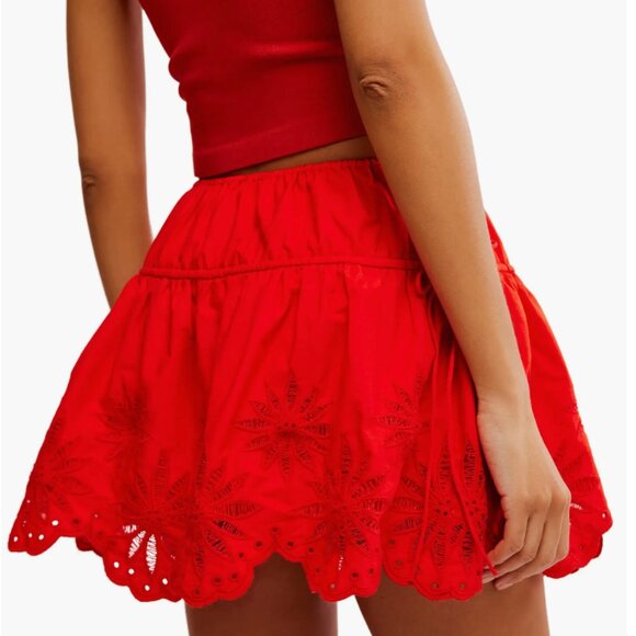 Free People Red skirt Wildest Dream Eyelet Embroidery Miniskirt Sz L New - Picture 2 of 8
